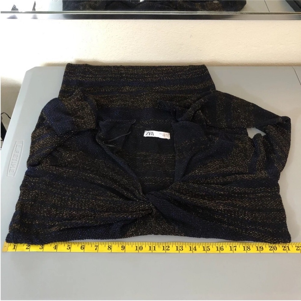 Zara Women Metallic Thread Knit Midi Dress S Black Blue Front Knots Bell sleeve - Picture 12 of 13